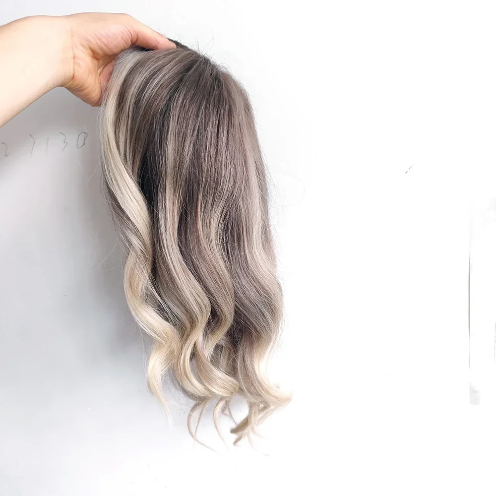 8x10 Inch Large Lace Base Human Hair Topper Clip in Wavy Ombre Brown Blonde Natural Hairpieces for Thinning Hair Hair Loss
