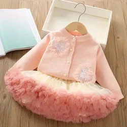 Kid Top and Bottom Set Girl Sweater Sets 2023 Korean Fashion Girl Knitted Long Sleeve Cardigan Fluffy Skirt Sets Kid Clothing