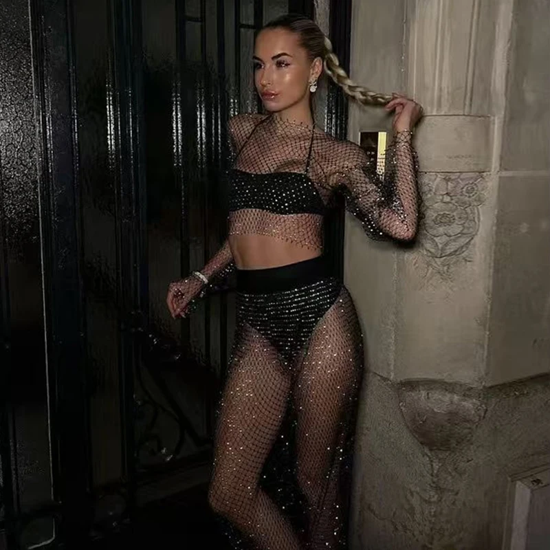 2-teiliges Set für Damen, Strass-Mesh-Crop-Top & Hose mit hoher Taille, durchsichtiges Fischnetz-Langarm-Strand-Cover-Up, Clubwear-Outfit – Detail 8
