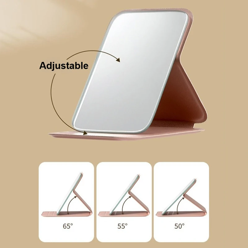 Foldable Makeup Mirror Simple Portable Handheld & Desktop Dual-Use Student Cute Pocket Mirror PU Leather Solid Color