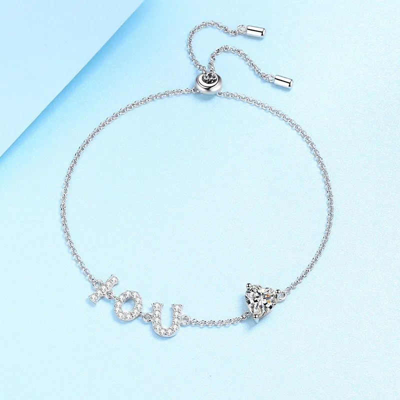 1ct Moissanite, New S925 Sterling Silver Adjustable Push-pull Women's Bracelet Valentine's Day Gift