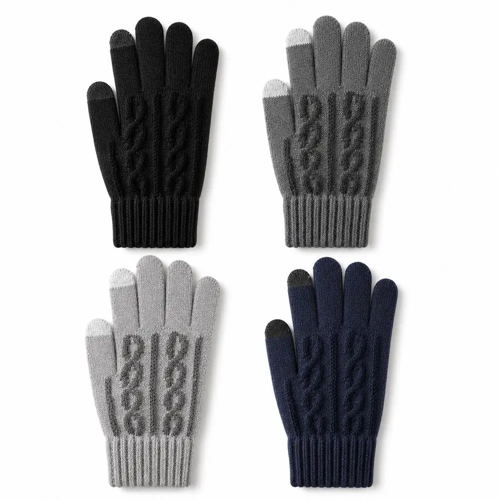 Synthetic Fabric Touchscreen Gloves Touchscreen Compatible Jacquard Knit Winter Gloves Plus Velvet Lining Cold-Proof