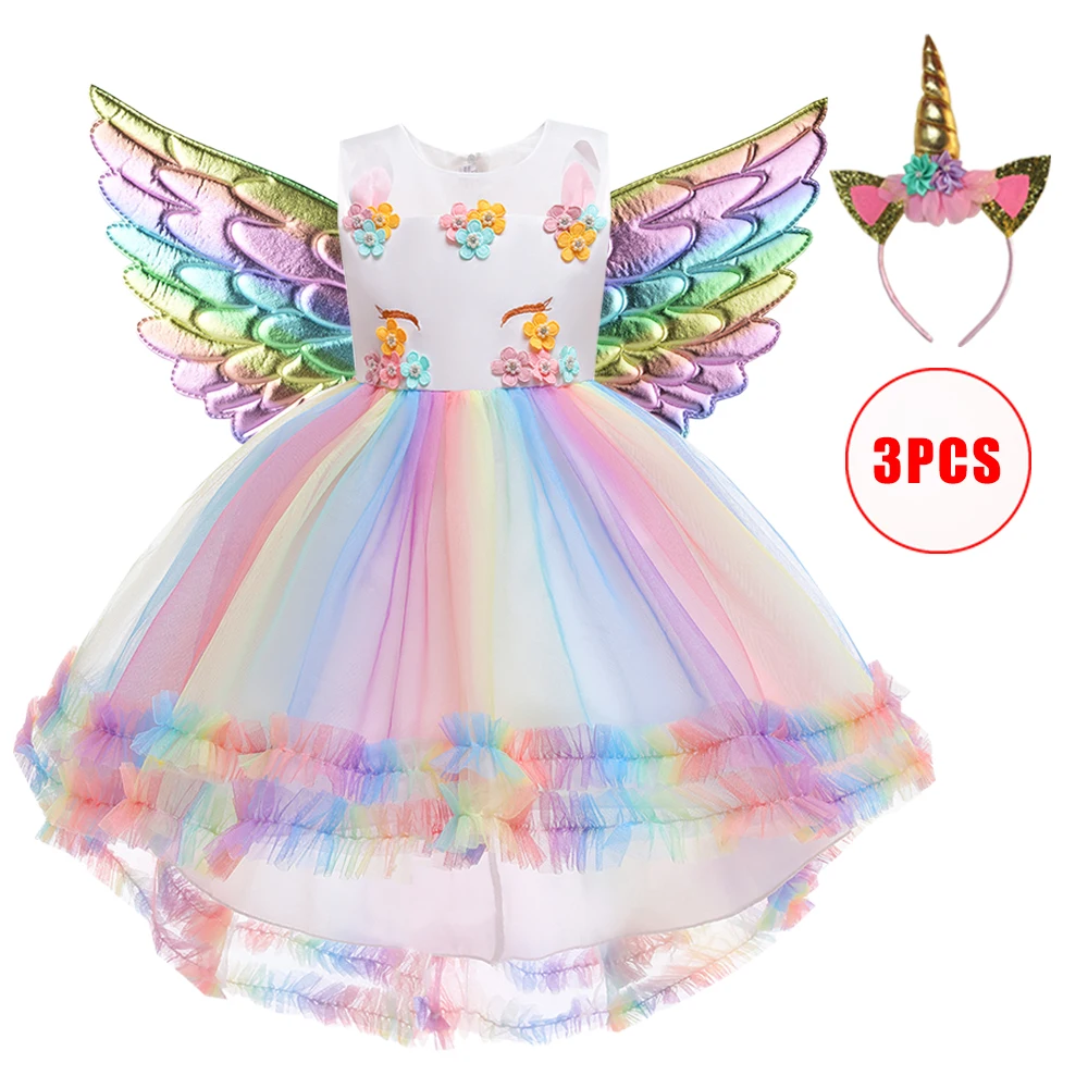 Rainbow Unicorn Party Dress For Girls Clothes Vestido Colorful Unicorns Lace Birthday Wedding Princess Dresses Prom Girl Costume