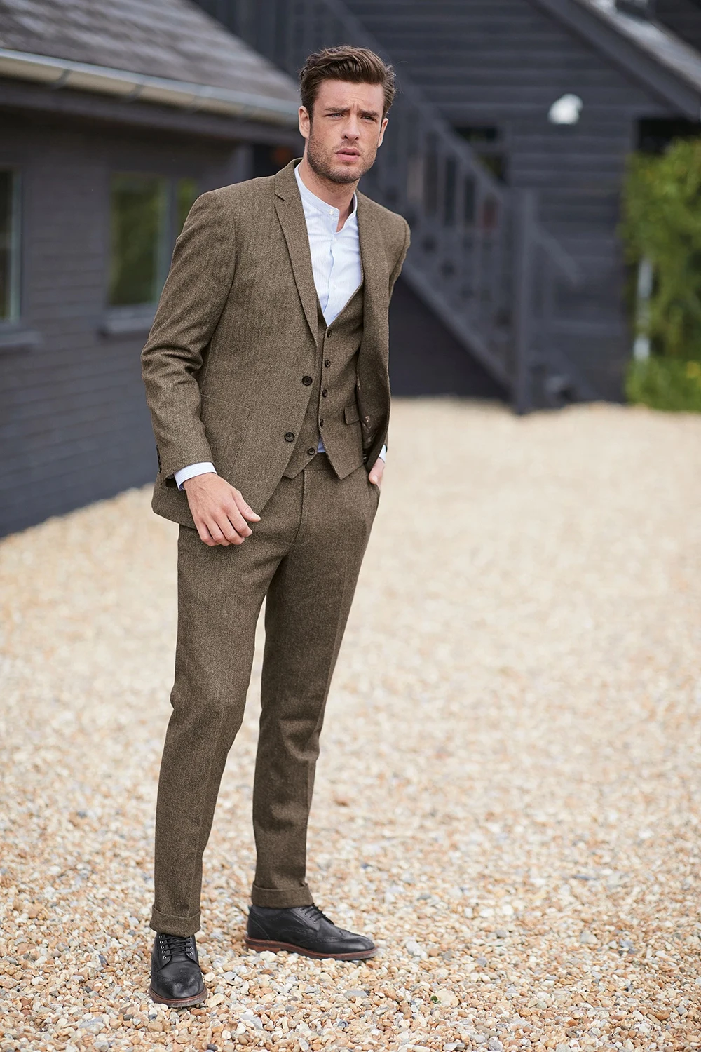 Custom Brown Men Suits Sets Winter Casual Notch Lapel Blazer Trousers Herringbone Slim-Fit Cocktail Party 3Pcs Jacket Pants Vest
