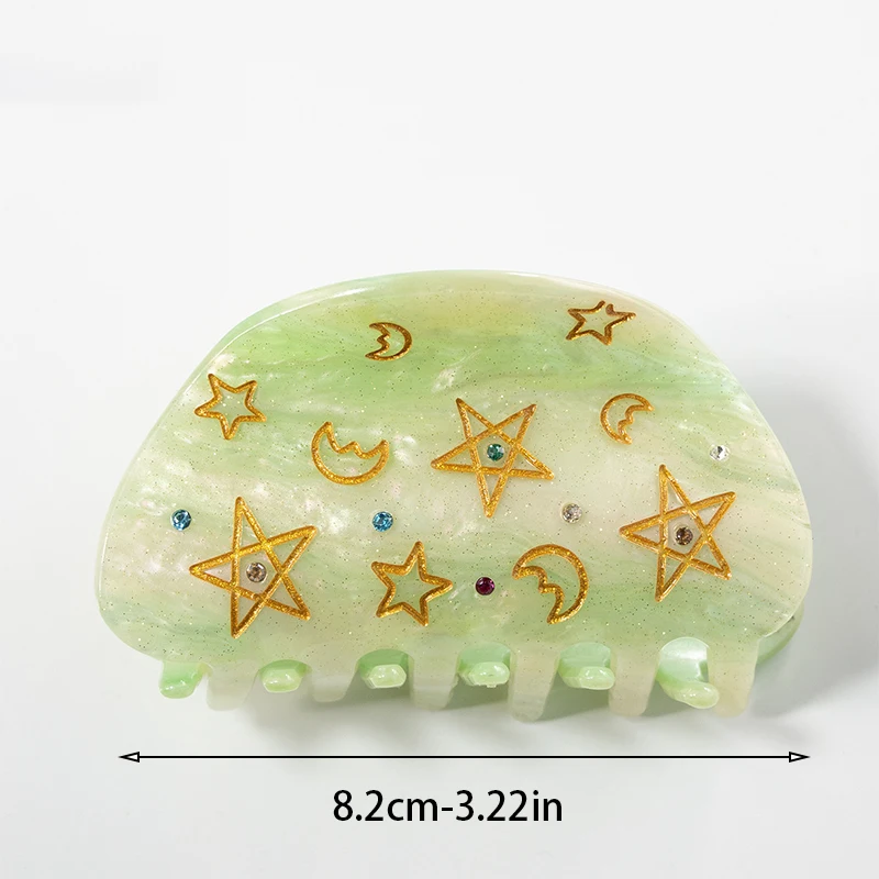 Moon five-pointed star hair clip with gold thread and colorful decorations; new diamond product; acrylic green powder hair clip view 3