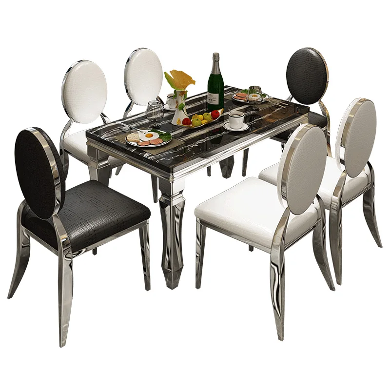

Stainless steel luxury dining table marble dining table and chair combination simple modern rectangular dining table eating