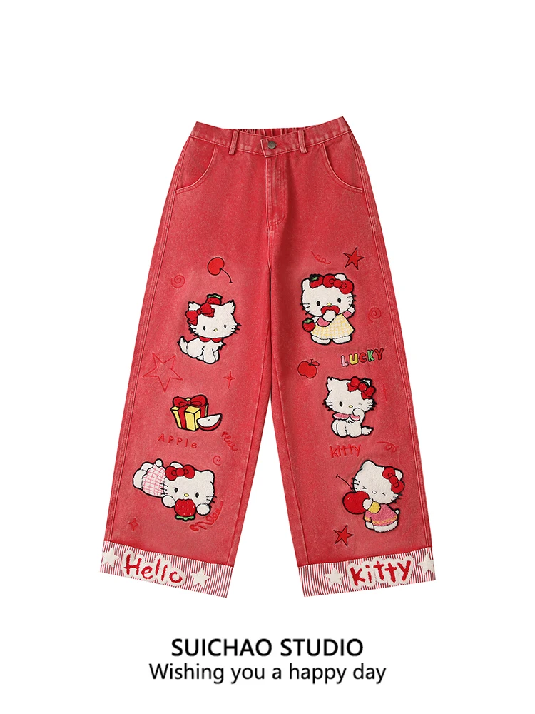 

SUICHAO Original Design Cartoon HelloKit Floing Embroidery Patchwork Loose Casual Pants High Waist Button Cotton Blend Wi...