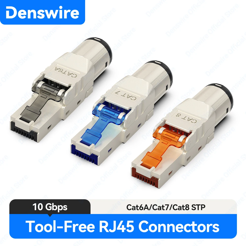 Denswire Tool-Free RJ45 Connector | Zinc Alloy STP Ethernet Plug for CAT8/Cat7/Cat6A Cables | Gold Plated 10Gbps & PoE Support