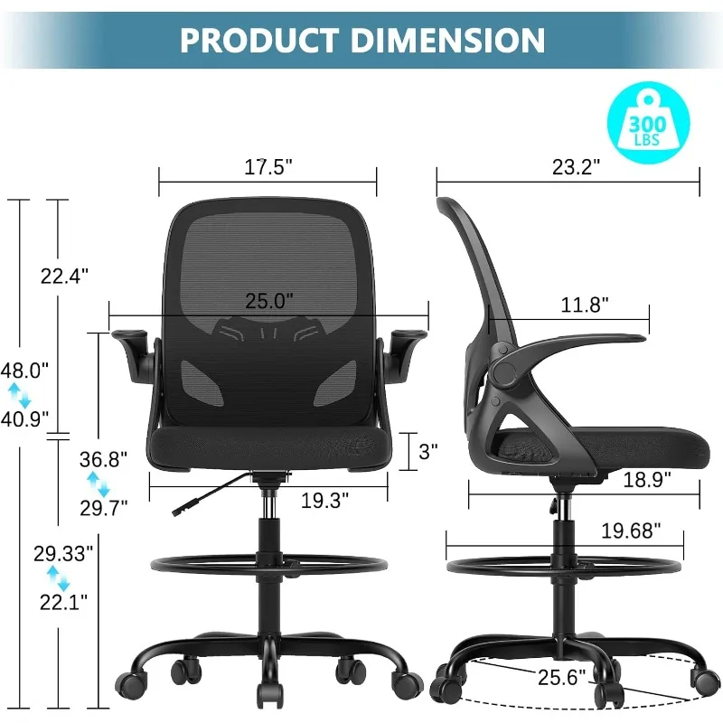 Tall Drafting Chair with Footrest Ring for Home and Work, Ergonomic Home Desk Office Chair with Flip up Arms and Lumbar Support