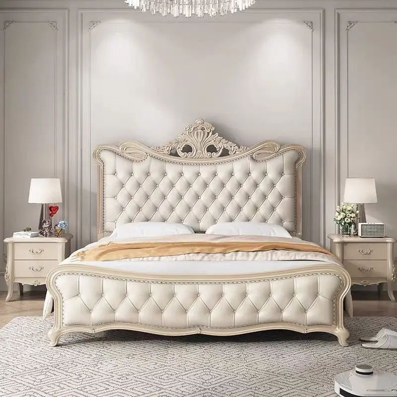 Retro Wood Carved Bed Frames White American Solid Couples Queen Bed Frames King Size Lit Luxe Cama Matrimonial Bedroom Furniture