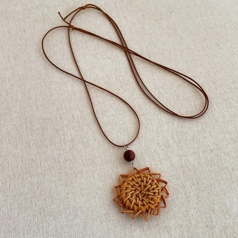Bohemian Rattan Teardrop Pendant Necklace with Wood Beads