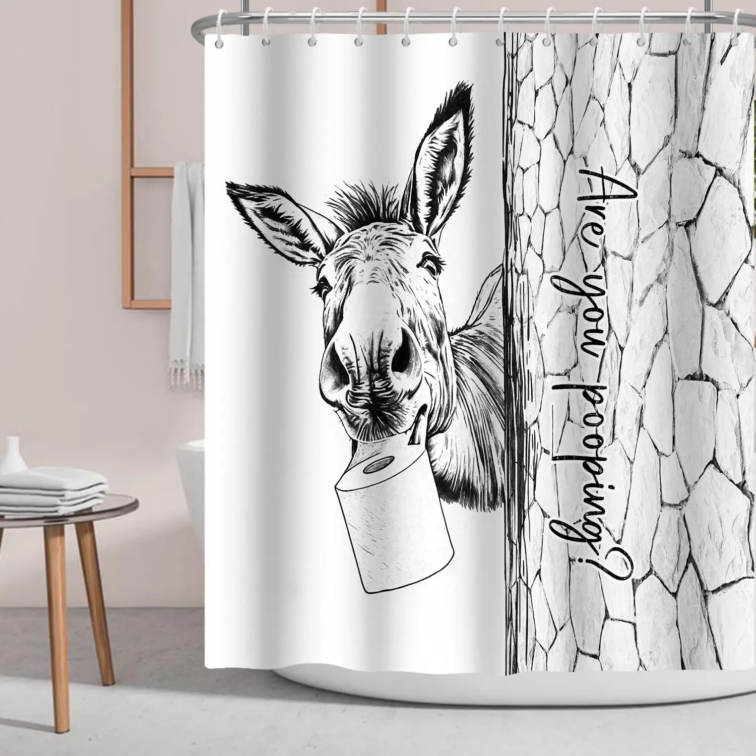 Funny Quote Donkey Shower Curtain, Sketch Donkey With Toilet Paper Stone Wall Art Print Waterproof Bath Curtain Complete With