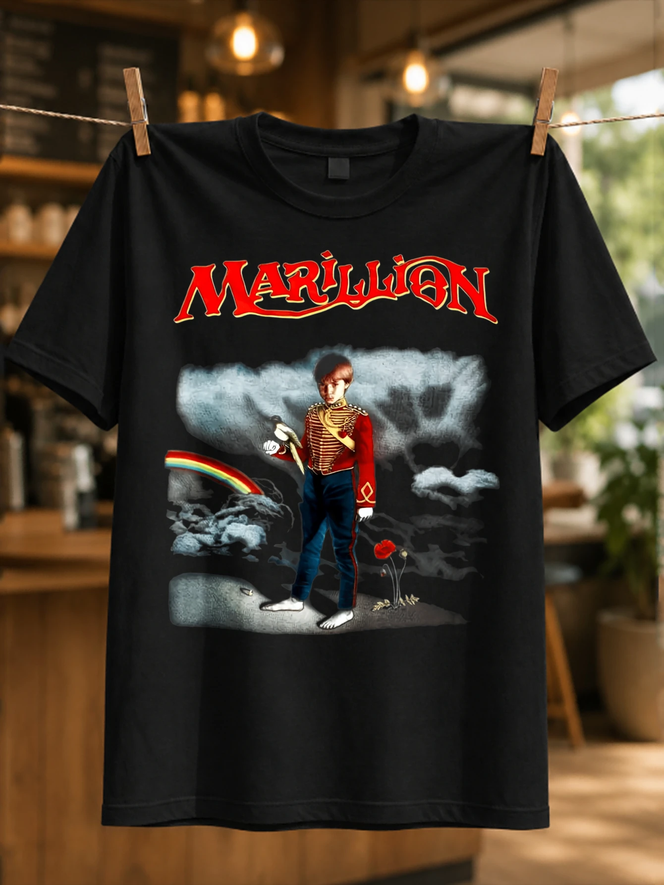 Marillion Misplaced Hood Storm Clouds Rainbow and Lone Figure Under Red Logo Dramatic Progressive Unisex All T-Shirt