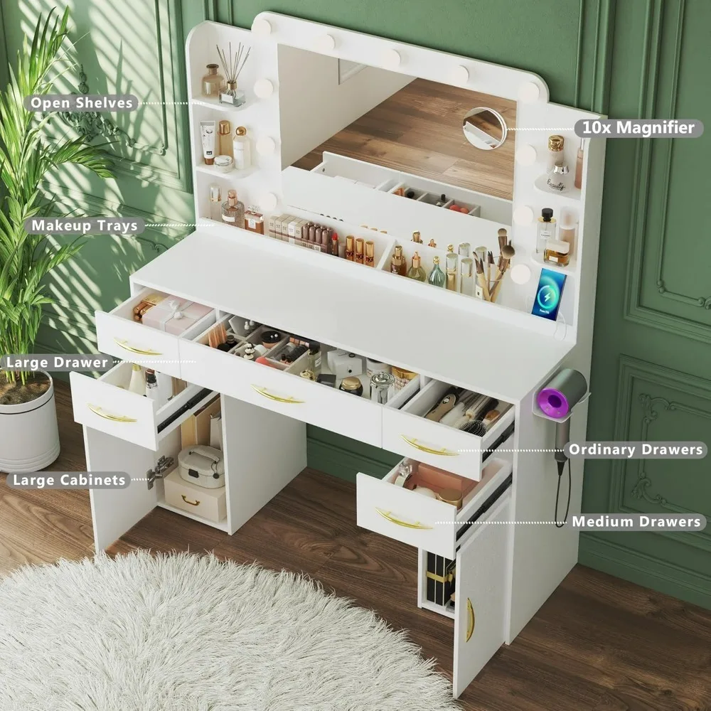 Makeup Vanity Desk with Mirror and Lights, Vanity with Power Outlet, 5 Drawers, 2 Cabinets, Shelves, Makeup Vanity for Bedroom