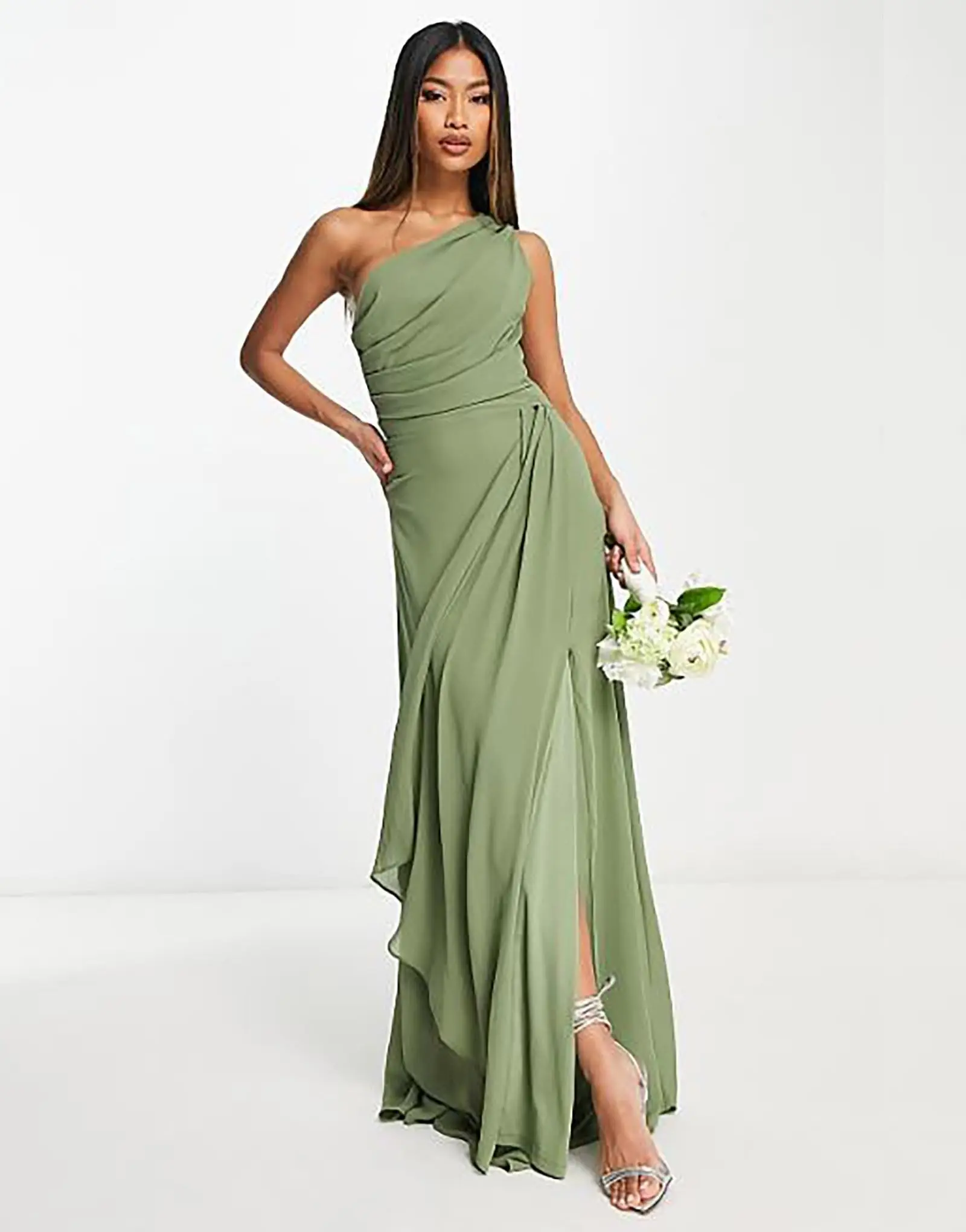 

Beshinel Customized Green Chiffon One Shoulder Bridesmaid Dresses 2025 A Line Long Formal Wedding Party Evening Dress with Slit