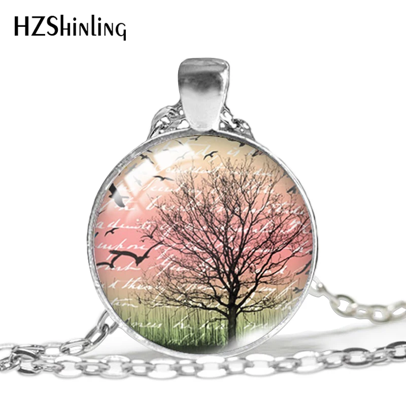 2023 New Fashion Pendant Glass Cabochon Tree Silhouettes Bird Necklace Color Trees Jewelry Man Fashion Bronze Pendant Necklaces