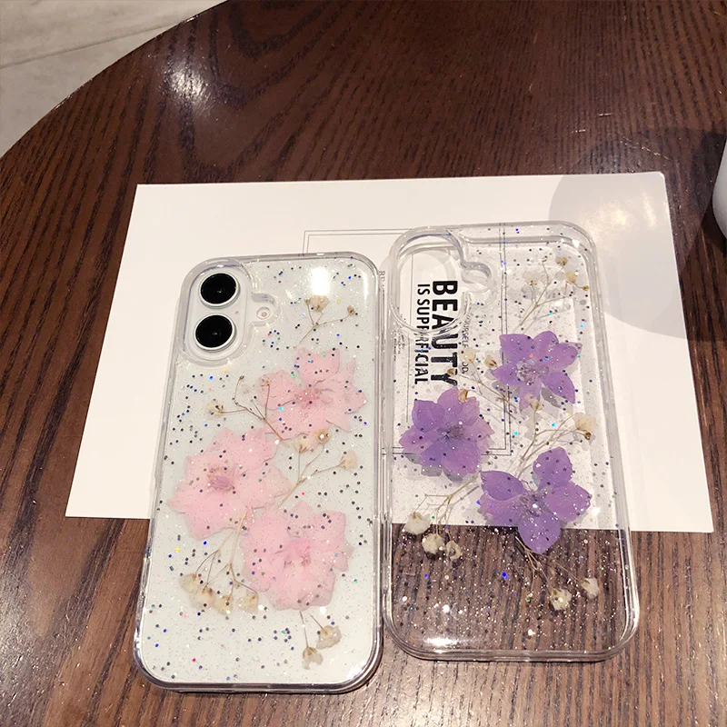 Luxury Glitter DIY Real Dried Flower Case for IPhone 16 15 14 13 12 Pro Max 16Pro Epoxy Soft Silicone Clear IPhone 15 Cover Capa