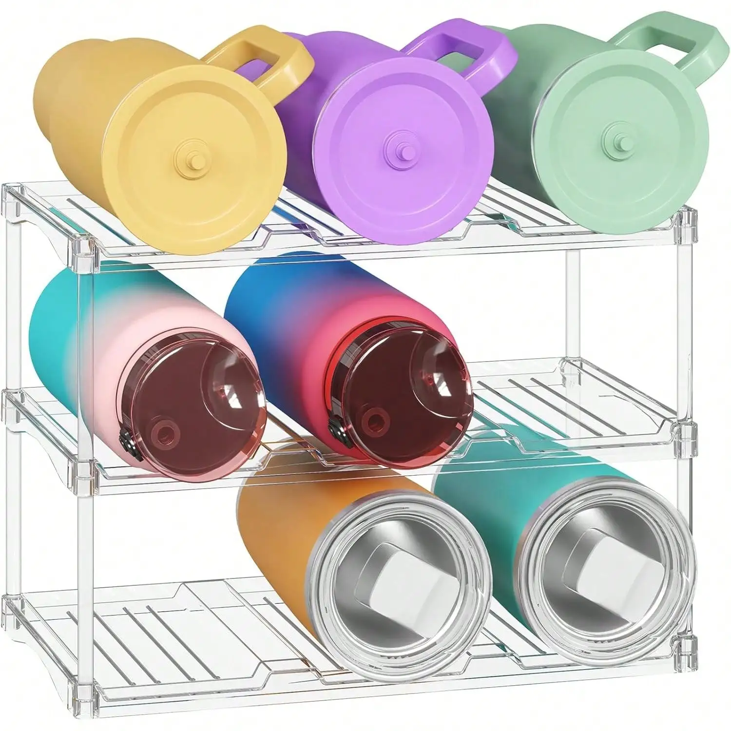 

Stackable Bottle Storage Organizer, Freestanding Wine Bottle Holder Cabinet, Tumbler Cup Organizer, Plastic Large Compartment Wine Rack Fridge Cellar, 3Tier Hold 9