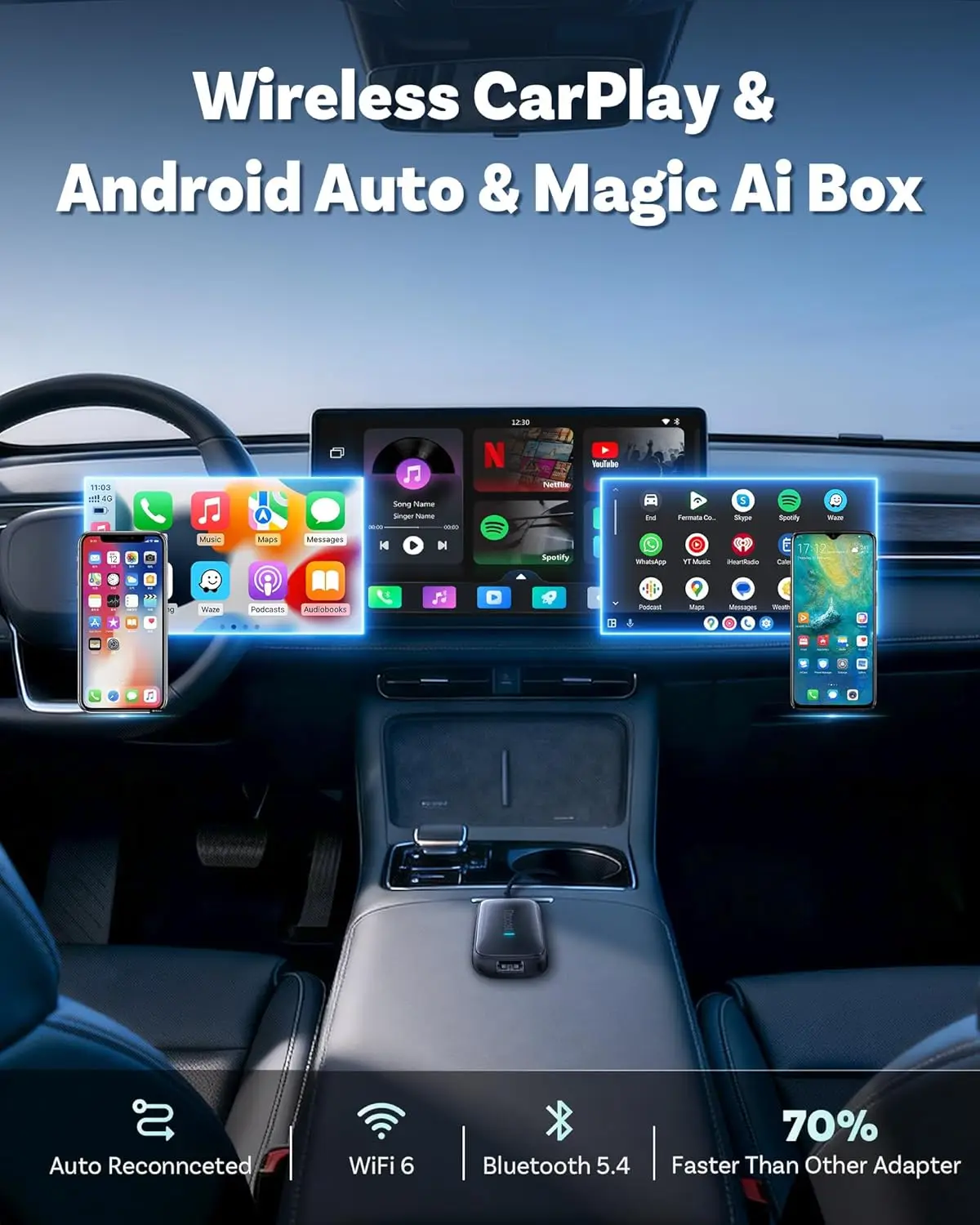 محول Play2Video Ultra 2026 اللاسلكي CarPlay Android Auto، صندوق بث AI مع Netflix/YouTube/IPTV وتشغيل USB #3