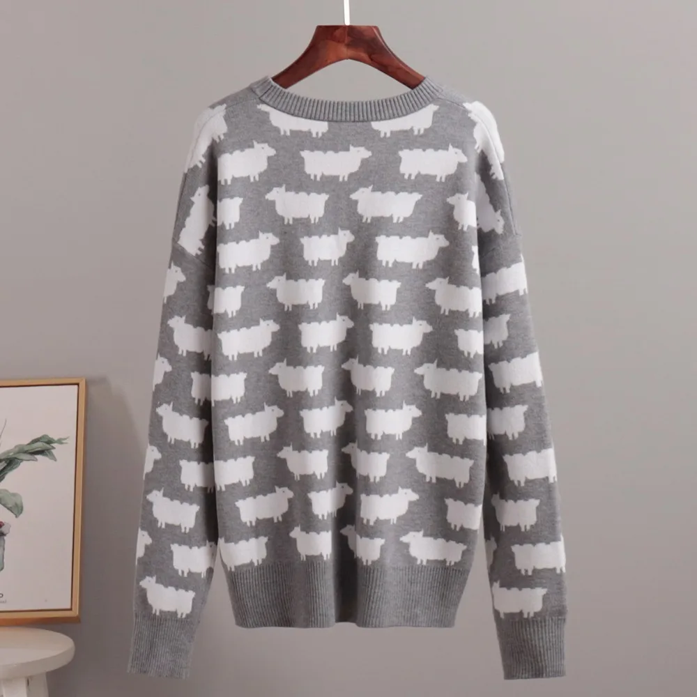 Original Alpaca Printed Knit Sweater Autumn and Winter Women\'s Retro Loose Casual Long Sleeved O-neck Core Spun Yarn Sweater