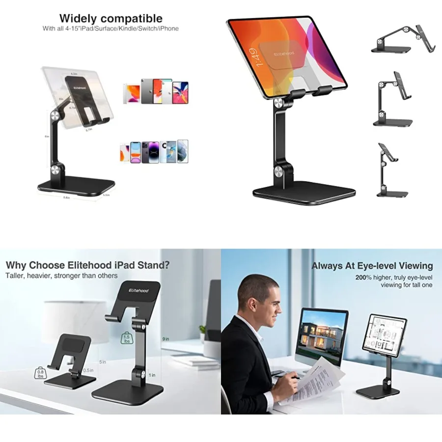 

Aluminum iPad Stand for Desk [Ultra-Stable & Sturdy], Height Adjustable Tablet Stand, Portable Tablet Holder Dock for Home Office, Compatible with iPad Pro 12.9, iPad Air Mini 6 5 4 3, Black