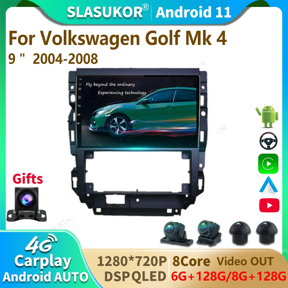 

Автомагнитола SLASUKOR на Android 12 для Volkswagen Golf Mk 4 2004-2008 мультимедийное аудио видео 4G WIFI Carplay Автомобильная GPS-навигация 2 Di