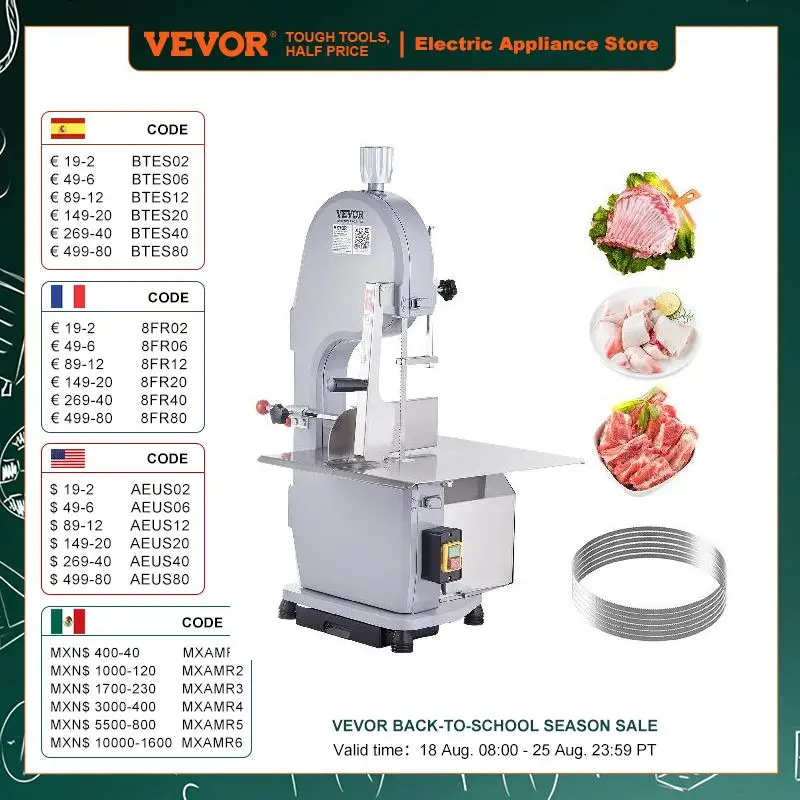 

VEVOR Commercial Electric Meat Bandsaw 1100W Stainless Workbeach 19.3" x 15" 0.16-7.9 Inch Cutting Thickness with 6 Blades