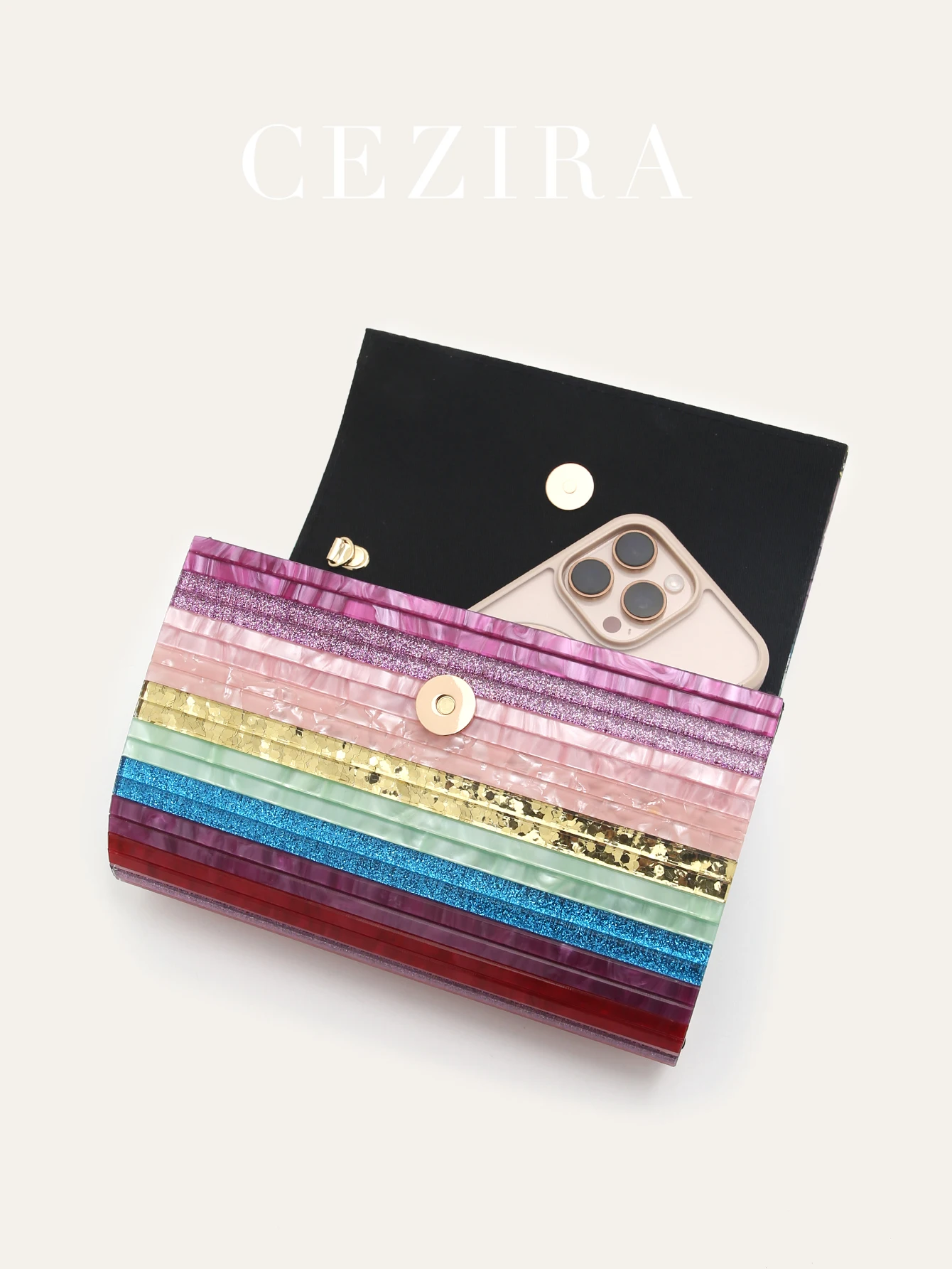 

Women's Niche Colorful Striped Acrylic Clutch Handbag Flap Cover Charming Evening Bag Long Chain Fashion Purse Party Holiday
