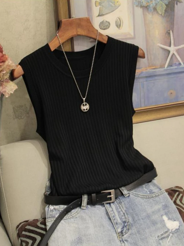 Korea Knitted Vests Women Top Summer Sleeveless Blouse Women O-neck Knitted Blouse Shirt Women Clothes Women Tops