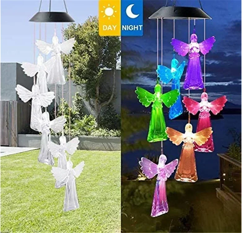 Solar Powered Wind Chime Light Angels Color Changing Night Light Outdoor/Indoor Garden Yard Patio Decor Hanging Lamp