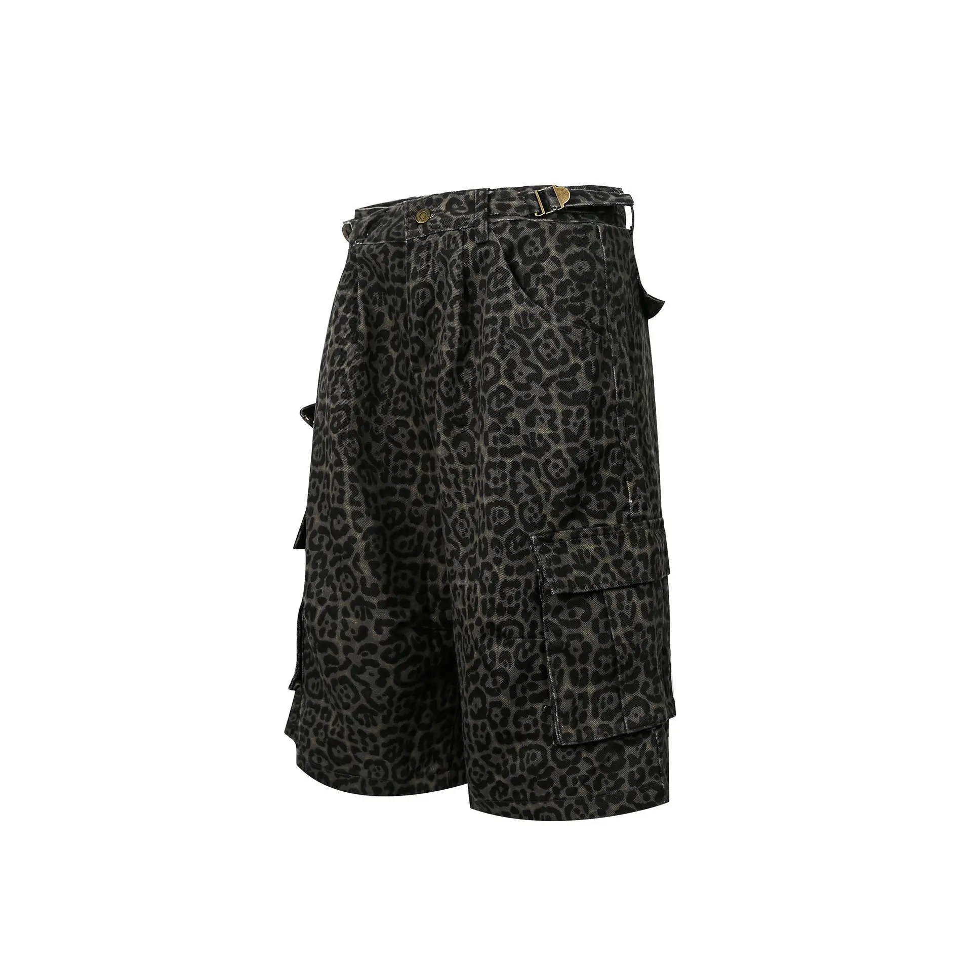Men's Fashion Leopard Hip Hop Short Jeans Loose Fit Cargo Denim Shorts With Multi Pockets Summer Oversized Y2K Jeans Shorts