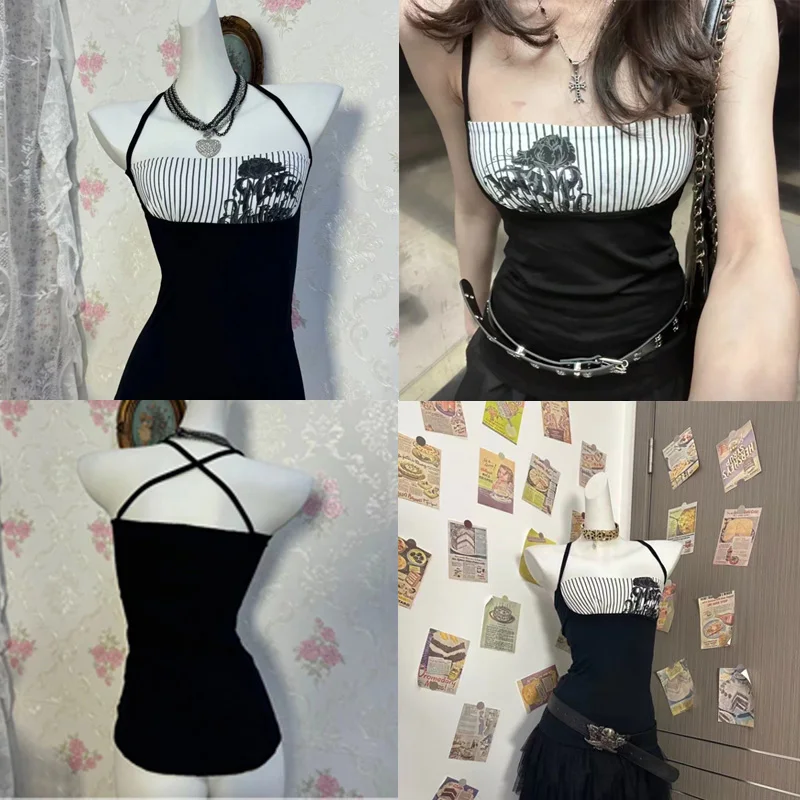 

Женские топы-халтеры в стиле панк, винтаж, Y2K, имитация двухслойного дизайна, сексуальные, готические, в американском ретро-стиле, повседневные, шикарные, с эффектом перекидного декольте, черные футболки