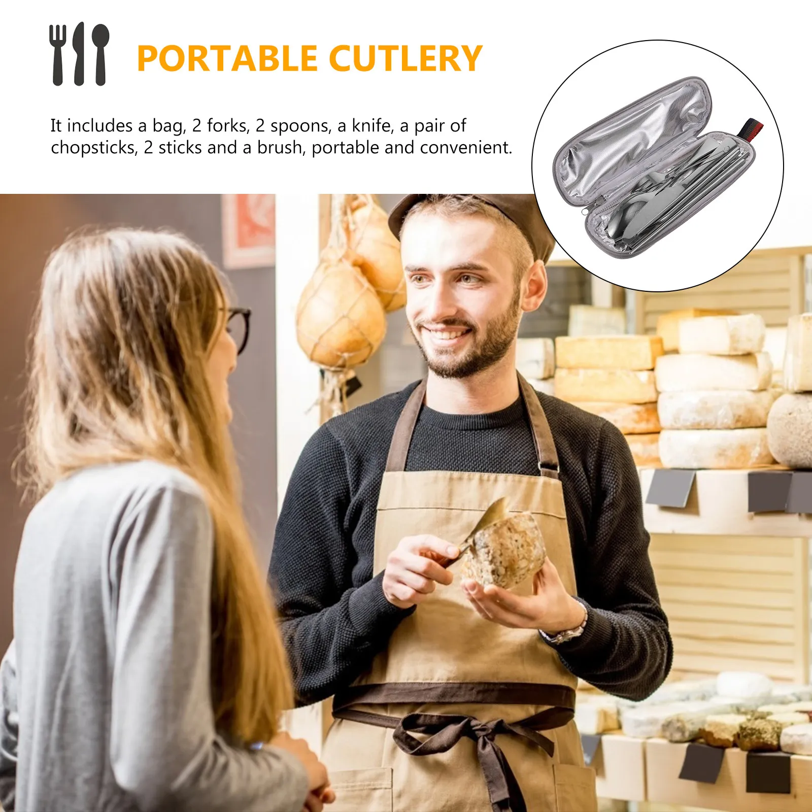 Juego de cubiertos de acero inoxidable de 9 piezas, herramientas de comedor portátiles antideslizantes para viajes, picnic, camping, kit de cubiertos reutilizables