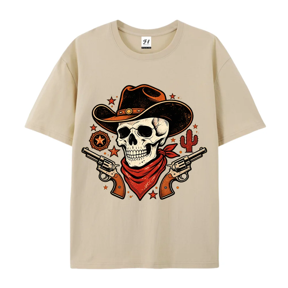 Men Western Cowboy Skull T Shirt Vintage Revolver Cactus Graphic Retro Streetwear White Short Sleeve Loose Cotton Tops