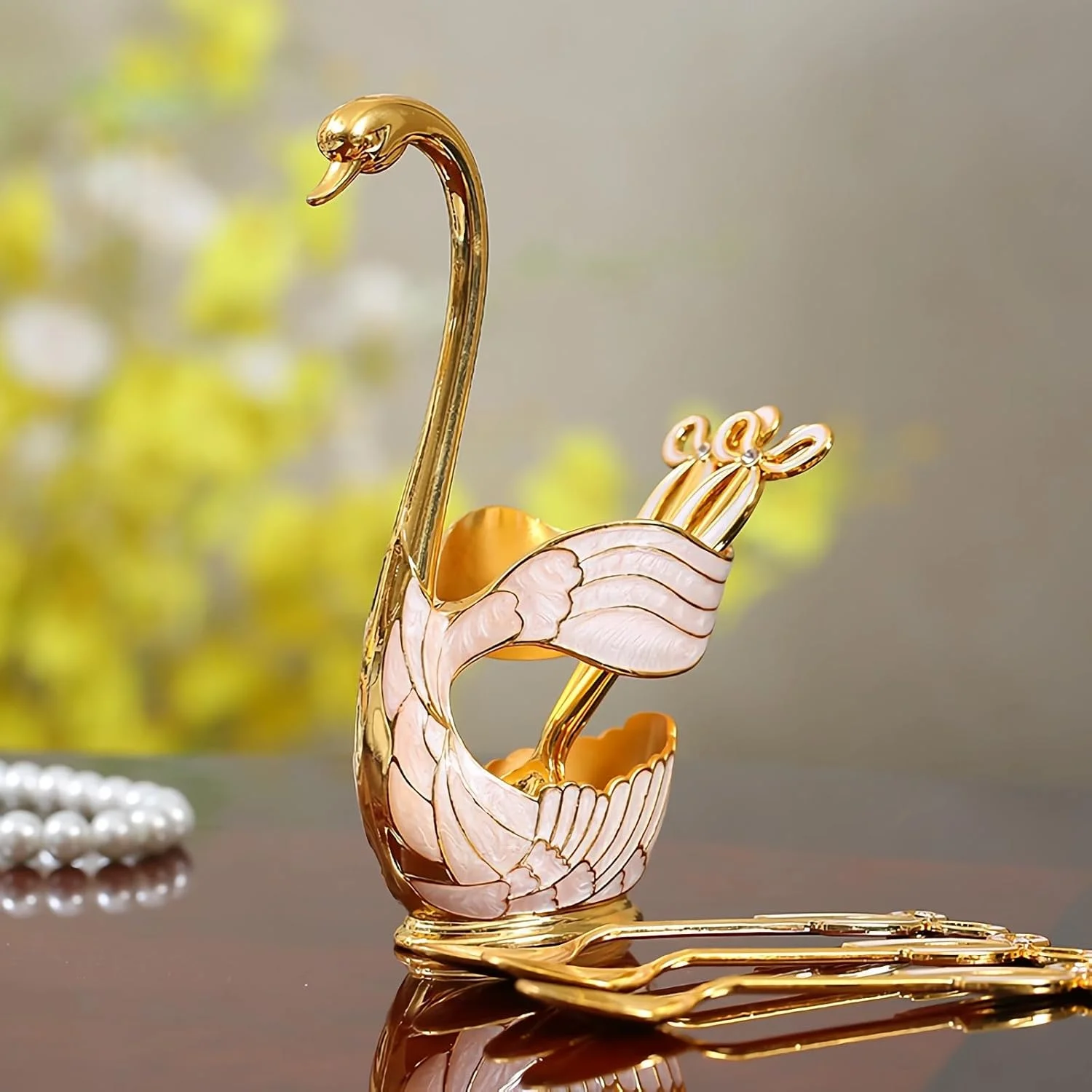 Decorative Gold Swan Base Holder with 6pcs Coffee Spoon Set - Creative Dessert Spoons,Gold