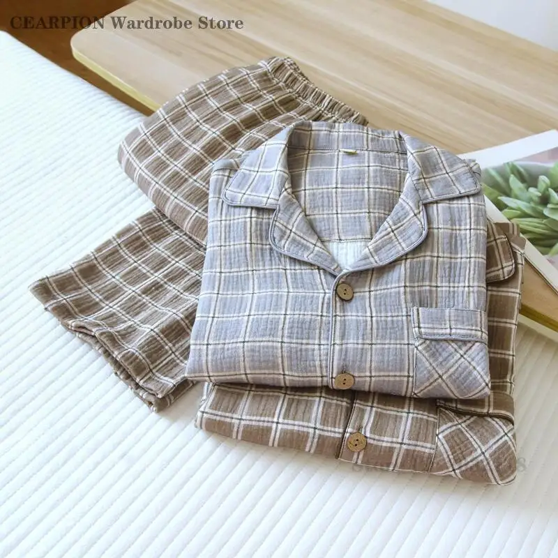 Men's Loose Casual Pajamas Set Spring Autumn Cotton New Sleepwear Simple Checkered Long Sleeved Pyjamas Home Clothes Loungewear