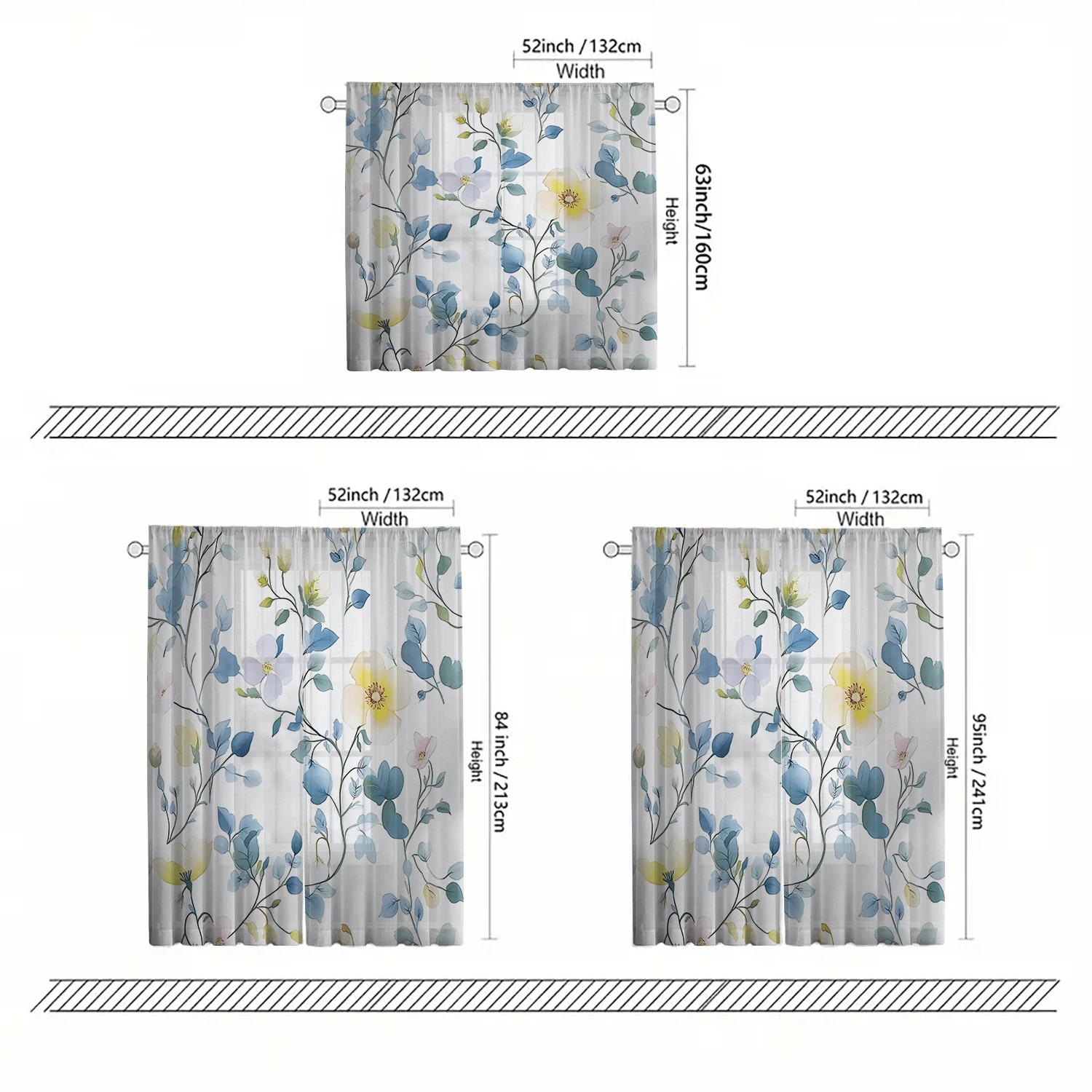 2 Pieces HD Digital Blue leaf yellow flower Printed Window Screen Home Decor Style Decoration Living Room Bedroom Rod