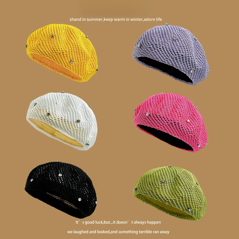 

Hollow Breathable Mesh Beret for Women Summer Thin Dopamine Bright Color Hat Sweet Rhinestone Painter Cap Vintage Casual