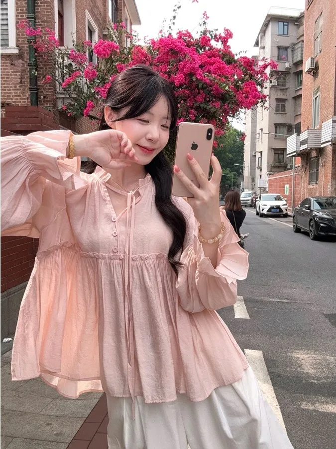 

plus Size Women's Sweet Wood Grain Long Sleeve Shirt Summer New Loose Slimming Design Doll Top Korean Style Commute