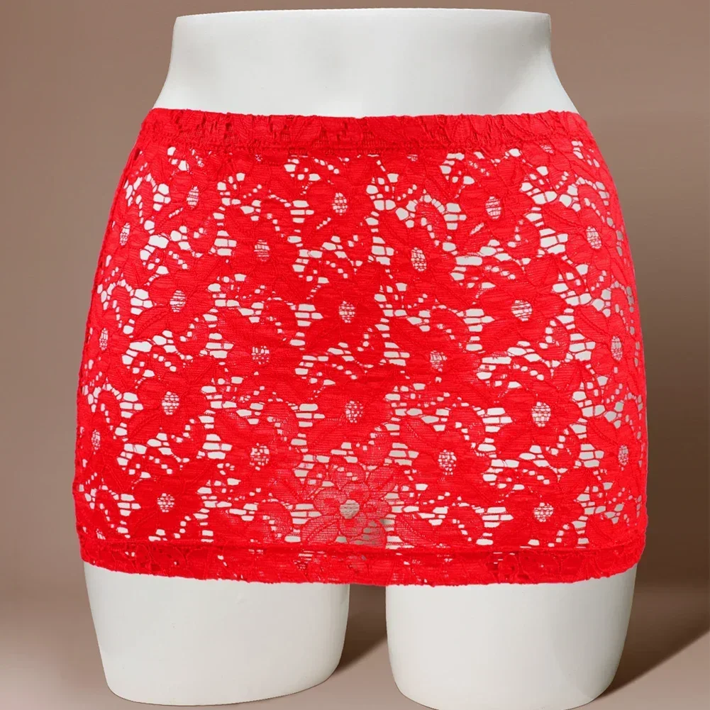 Exquisita Falda corta transparente de encaje para mujer, ropa ajustada para discoteca, LICRA elástica de Color rojo para celebraciones nocturnas