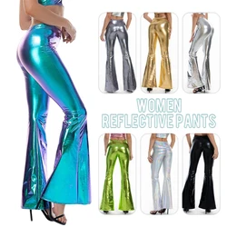 Women Sexy PU Leather Metallic Pants Shiny Holographic Flare Pants Lady Elastic Waist Flared Trousers Dance Performance Clubwear