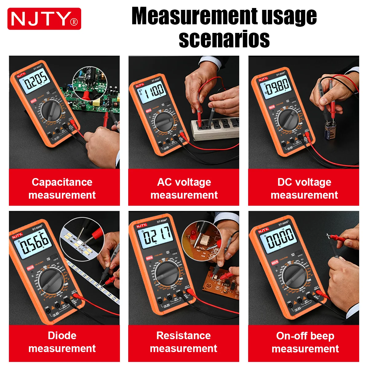 NJTY DT-9205+ Digitales Multimeter mit Manueller Bereichswahl Elektrischer Tester für Spannung, Strom, Widerstand, Frequenz HEF Spannungsmessgerät für Spannungsleitungen – Detail 12