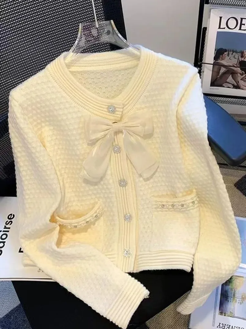 Elegant Bow Sweet Cardigan Sweaters New Women Loose Long Sleeve Fashion Knitted Coat Casual Korean O Neck Design Buttons Tops