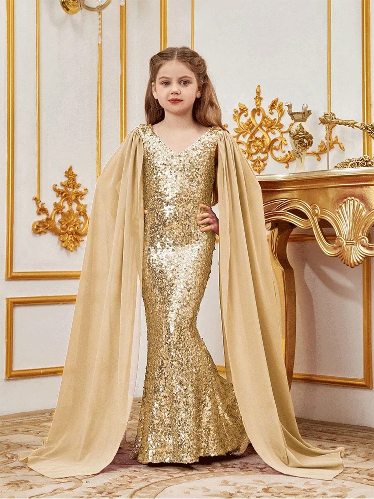 l Wine Pink Shiny Mesh Evening Dress Girl Performance Dress Prom Gown 10-Year-Old Girl Birthday Party Wedding Flower Gir