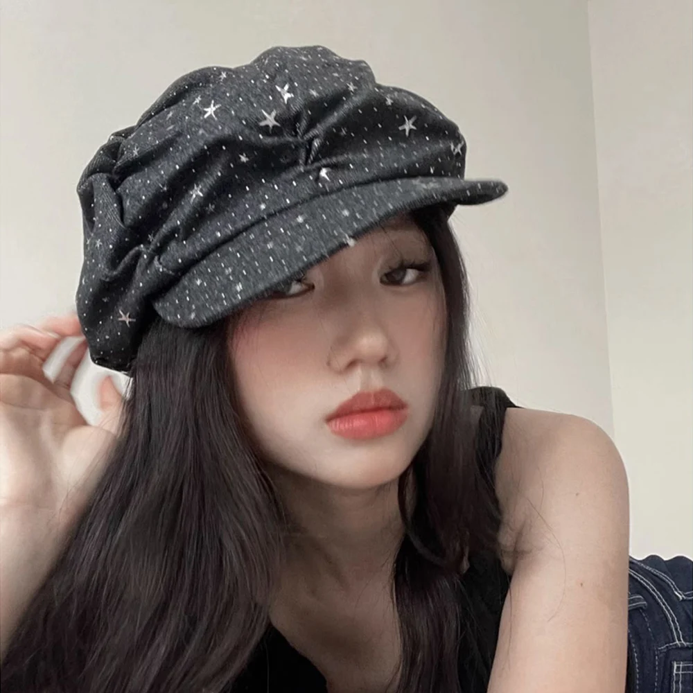 Vintage Y2k Star Sequin Beret Newsboy Hat Painters Hats Denim Fabric Caps Korea Fold Tie Dyeing Hat Hip Hop Punk Accessories