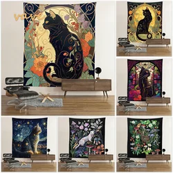 Psychedelic Black Cat Tapestry Wall Hanging Rose and Sunbeam Art Nouveau Floral Wall Art Animal Cat Lovers Gift Home Decor