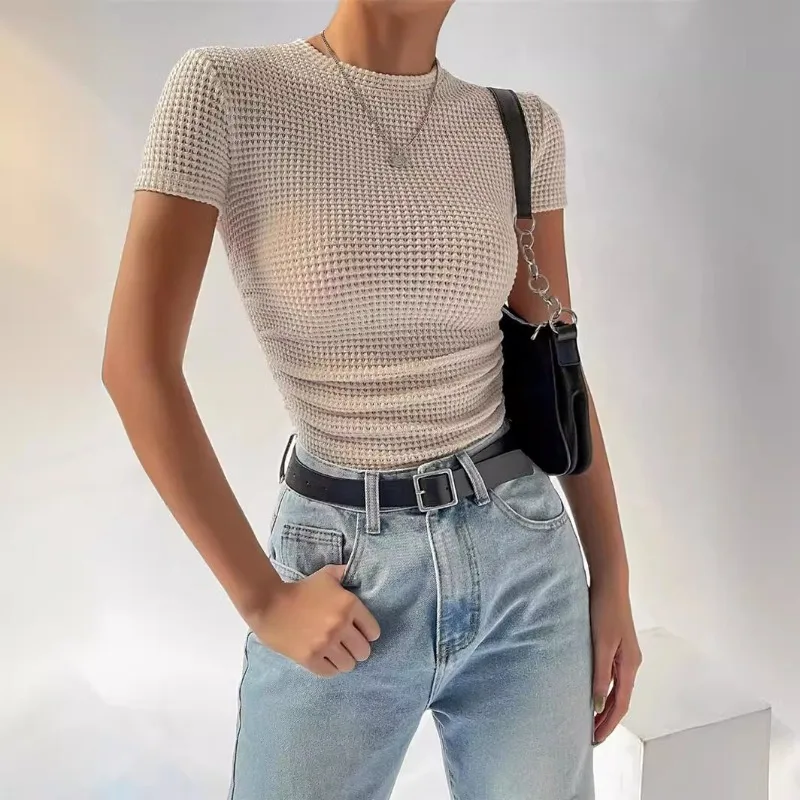 Spring and summer new product slim fit versatile pleated round neck knitted short sleeved T-shirt