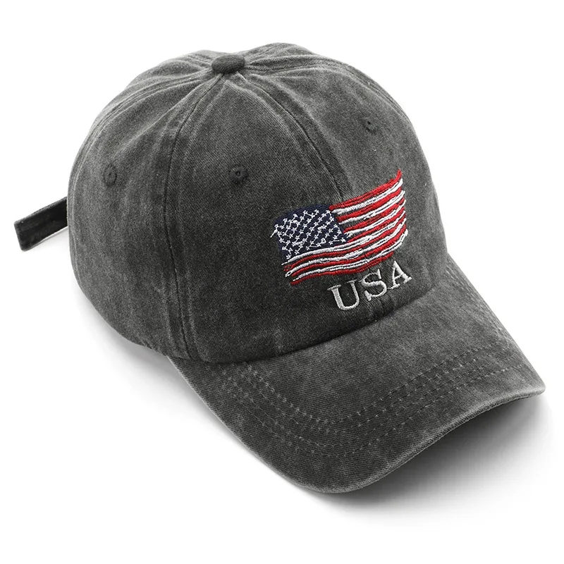 USA American Retro Men\'s and Women\'s Baseball Hat Street Letter Embroidery Retro Flat Bottom Hat Flag Grey Black Hip Hop Hat