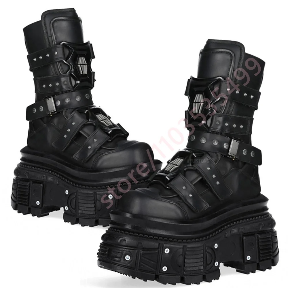 

Черные мотоциклетные ботинки в стиле панк-рок с заклепками, новинка 2026 года, уличная мода, спортивные повседневные ботинки на толстой подошве, круглые готические ботинки до середины икры