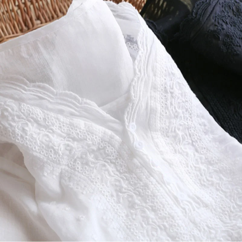 Sle giapponese da donna ort Sve irt V-Ne Top in cotone e lino ricamato vestibilità ampia per pendolari Faion Design artistico